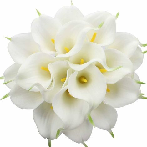 Bouquet de mariée de 20 lys calla artificiels en latex, toucher réaliste, pour décoration de mariage et de fête (blanc et jaune) KLB-AquaForge (1/5)