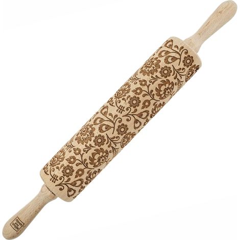 Mattarello in legno MoodForWood, inciso, 43 cm con manici, perfetto per la cottura - Motivo folcloristico polacco (1/5)