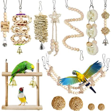 Lot de 8 Jouets à Suspendre pour Oiseaux Perroquets Balançoire et Accessoires en Bois (1/5)