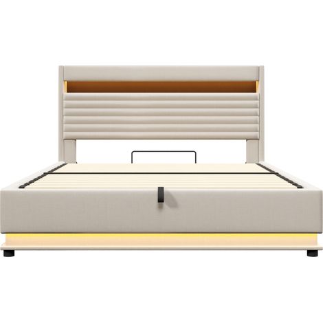 Cama canapé tapizada 180x200 cm de lino beige con LED, USB Type-C y almacenaje hidráulico HOMVRA (1/5)