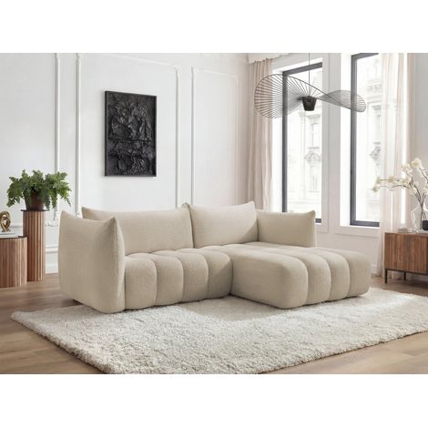 BOBOCHIC - Canapé d'angle fixe AZRA tissu bouclette Angle droit  Beige (1/5)