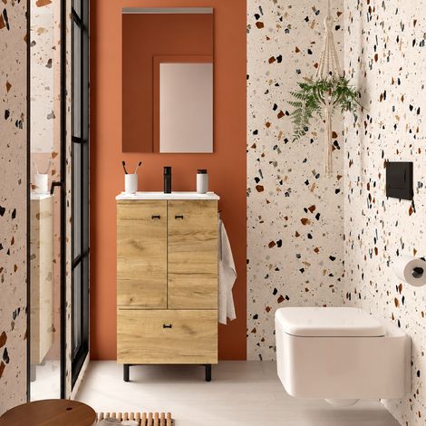 Ensemble salle de bain Gain de place Chêne africain : Meuble profondeur réduite - 50 cm + Vasque + Miroir (pieds inclus) (1/5)