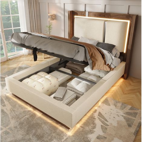 Letto contenitore per bambini 90x200 cm, imbottito con illuminazione a LED, meccanismo di sollevamento idraulico, stile retrò, lino beige e legno (1/5)