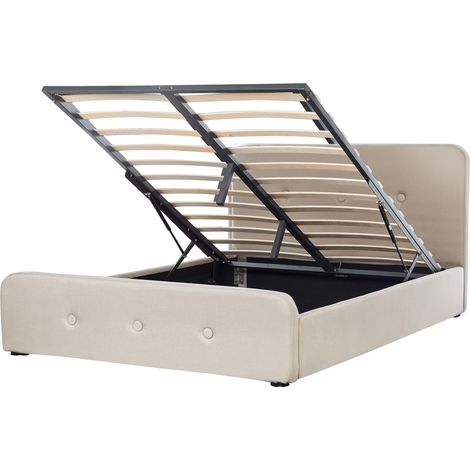 Cama tapizada en tela beige 160 x 200 cm con almacenamiento y somier patas de madera diseño moderno Rennes (1/5)