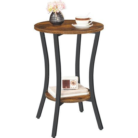 Table d'Appoint à 2 Niveaux, Bout de Canapé Rond, Table de Chevet avec Rangement, pour Petits Espaces, Salon, Chambre, Entrée, Marron Rustique et Noir (1/5)