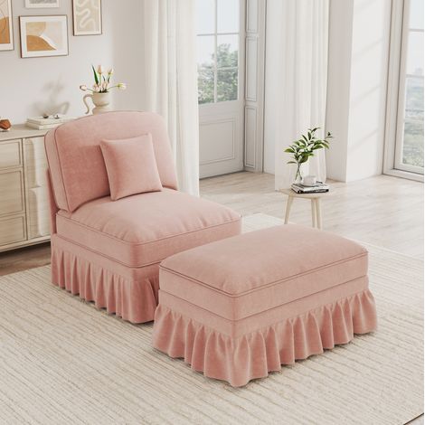 Poltrona lounge con ottomano in ciniglia, copertura con volant rimovibile, rosa HAVRYA (1/5)