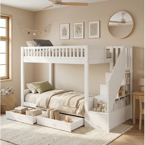 Litera infantil 90x200 cm blanca con escalera de almacenaje y 2 cajones DESVIAE (1/5)