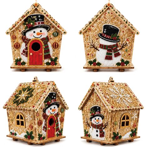 Ensemble de quatre pièces DIY Pearl Art pour Noël : Petites décorations exquises, au design unique et varié, comprenant un bonhomme de neige et une maisonnette de Noël. (1/5)