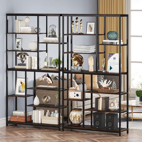 Tribesigns Bookcases, Set of 2 Standing Shelves with 8 Levels, 9 Shelves, Modern Freestanding Open Bookcase for Living Room, Office, Bedroom, 30 x 100 x 200 cm, Rustic Brown