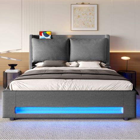 Polsterbett 160x200 cm in Dunkelgrau mit USB-C-Kopfteil, LED und hydraulischem Stauraum (1/5)