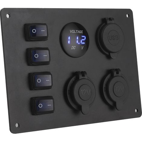 Panneau 4 Interrupteurs à Bascule Étanche, Double Port USB, Affichage de Tension, Prise 12V pour Voiture, Bateau, Camping-Car (1/5)