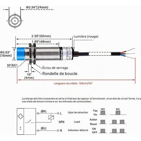 M18 Proximity Sensor Switch, Non-shield Type, LJC18A3-B-Z/BX, Detector 1-10mm, 10-30VDC 200mA, NPN Normally Open (NO), 3 Wires (1/4)