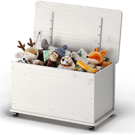 KMH® Premium Spielzeugkiste Holz Weiß mit 4 Doppelrollen und Deckel, 70L Spielzeugtruhe aus massivem Pinienholz, Sitztruhe Holztruhe Aufbewahrungsbox Kinderzimmer Stangenscharnier 73x40x43,5 cm