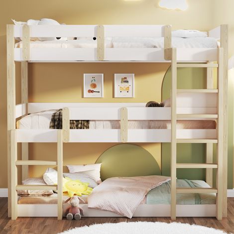 Lit superposé triple 90x190 cm pour enfants ados adultes 3 couchages doubles échelles garde-corps bois MDF blanc et naturel