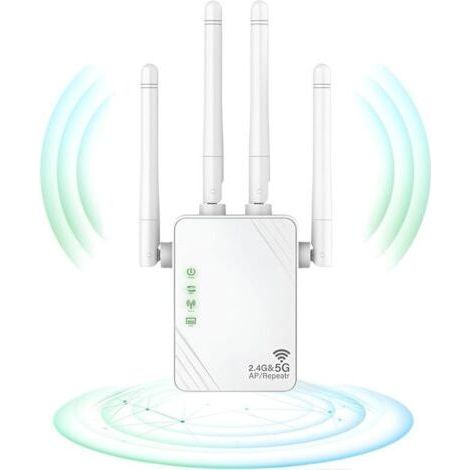 Répéteur WiFi, Extender WiFi, 1200MPs Amplificateur de Signal WiFi, 5GHz et 2.4GHz Dual Band WiFi Booster, Mode Repeater/Router/AP, 4 Antennes, 2 LAN (1/4)
