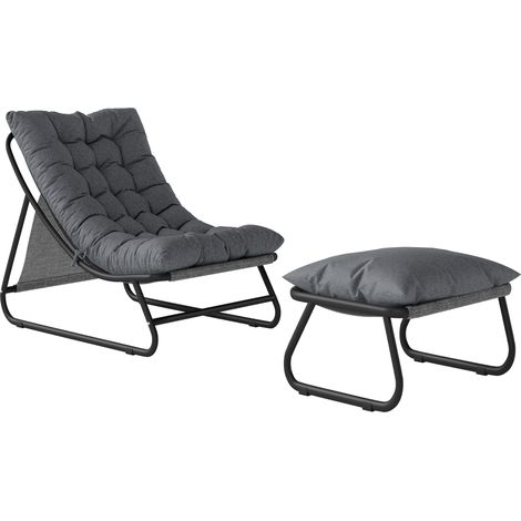Poltrona relax da giardino a 2 pezzi con poggiapiedi e cuscino ultra spesso da 13 cm, in tessuto cationico grigio.