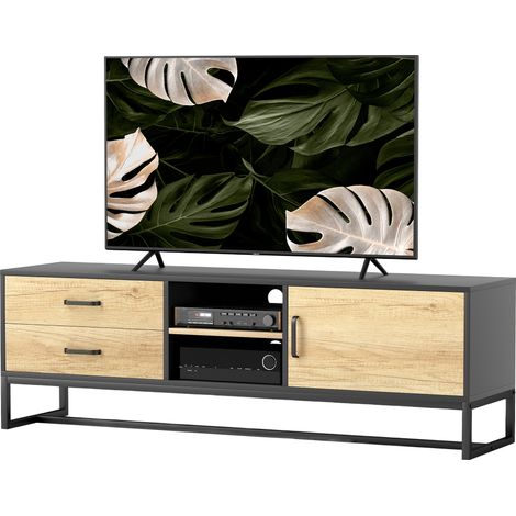 Meuble TV bois naturel 2 étagères compartiments ouverts pour TV jusqu'à 60 pouces