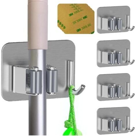 Adhesive Broom and Mop Hooks (4 Pack), Wall Mounted Broom and Mop Organizer (Grey) (1/5)