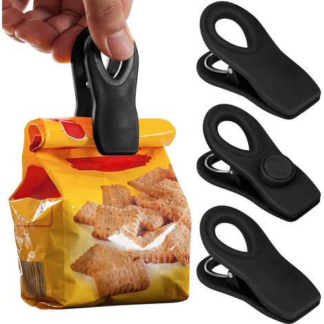Juego de 4 clips magnéticos para bolsas de alimentos, ideales para bolsas de patatas fritas y otras bolsas de almacenamiento herméticas (negro). (1/3)