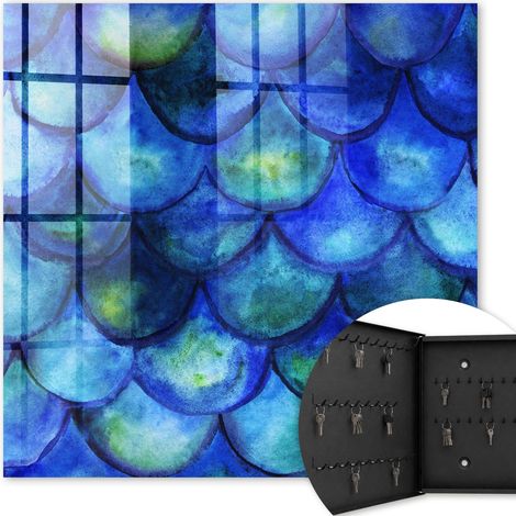 Armoire à clés - (30 cm x 30 cm) - Boîte à clés murale - Coffret de rangement pour clés - Couleur noire - Ouverture vers la gauche - Pour maison et bureau - Écailles bleues