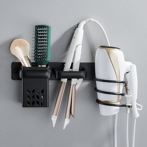 Hair Dryer Holder, Straightener Stand with Cable Management, Wall Mount Hair Dryer Organizer with Storage Rack for Bathroom, Bedroom, Hotel (Black). (1/5)