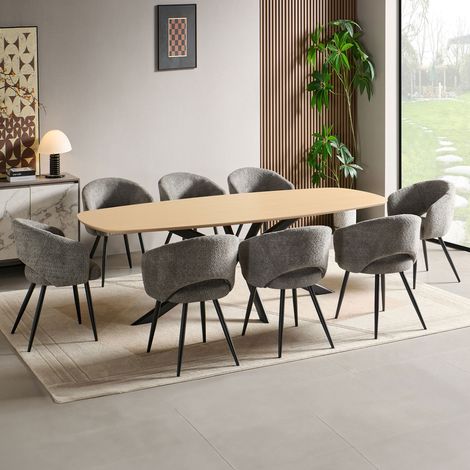 Ensemble table 240 cm effet chêne + 8 chaises tissu bouclette gris (1/5)