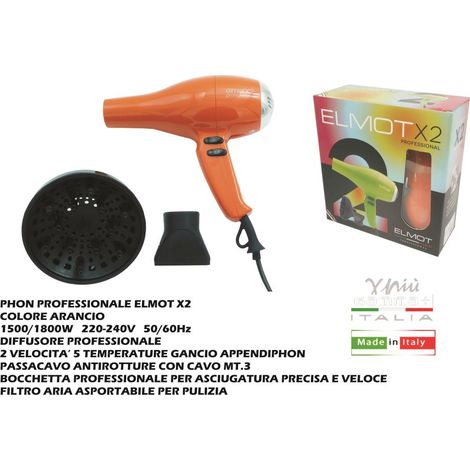 Asciugacapelli Phon Professionale X2 Arancio 2 Velocità 5 Temperature 1800 watt