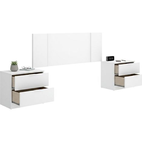 Cabecero Carson, 2 mesitas incluidas, plaza y media, estructura marrón, 34x237 cm blanco