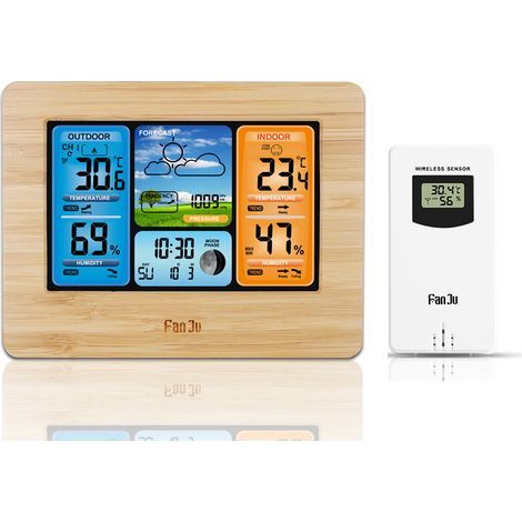 Wireless Weather Station, Digital Weather Station with Weather Station, Thermometer with Alarm and Humidity, Barometer, Alarm, Moon Phase Weather Clock with Outdoor Sensor (A) (1/5)