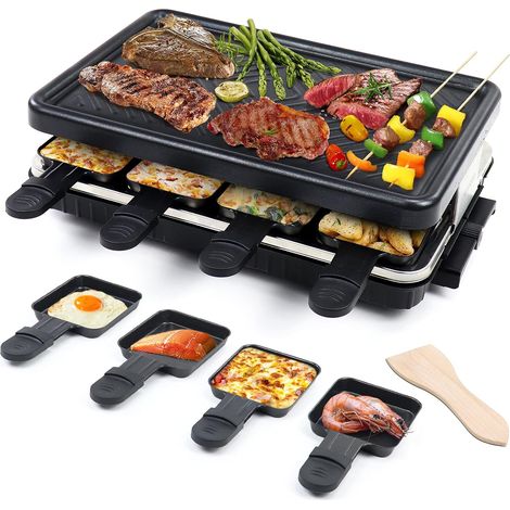 Appareil à Raclette per 8 Persone Grill Électrique de Table Plaque de Cuisson Portatile Grillles Barbecue Machine con 8 Mini Poëlons e 4 Spatole in Legno Plancha Grille Paques Electrique 1300W (1/5)
