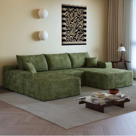 Divano angolare modulare a L 270 cm verde in tessuto a coste, senza montaggio, OKWISH (1/5)