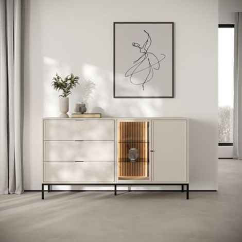 Aparador Leriti, Alacena con 3 Cajones, 3 Estantes, 5 Compartimentos, 150x40x92h cm Beige Cashmere (1/3)