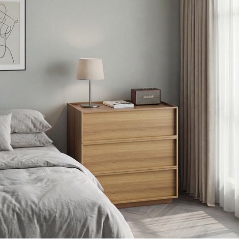 Cómoda 80x48x78 cm color roble en MDF y tablero de partículas con 3 cajones y sistema antivuelco (1/5)