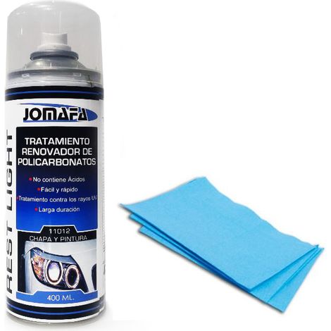Kit spray restaurador de faros pre ITV renovador de policarbonatos, 400 ml y 10 paños de fibra de poliester para desengrasar