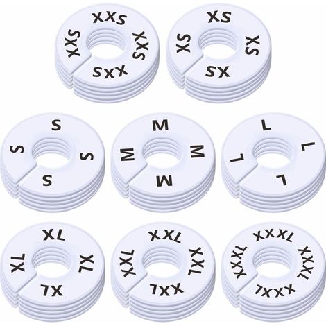 Packung mit 40 runden, weißen Kunststoff-Trennwänden für Kleidung, für Schrankregale, vorbedruckt in 8 Größen XXS, XS, S, M, L, XL, XXL, XXXL (3,5" Außendurchmesser, 1,38" Innendurchmesser) (1/4)
