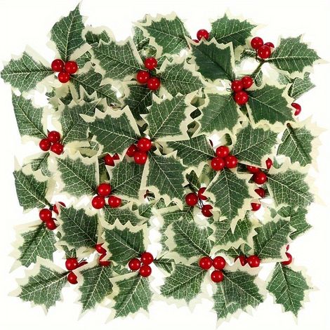 Ensemble de 100 baies et feuillages de houx artificiels - parfait pour les couronnes de Noël et les décorations de fêtes (1/5)