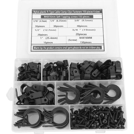 Lot de 300 pièces : clips de câble type R (6 tailles) + vis auto-taraudeuses M4 x 16mm pour organisation électrique et informatique (1/5)