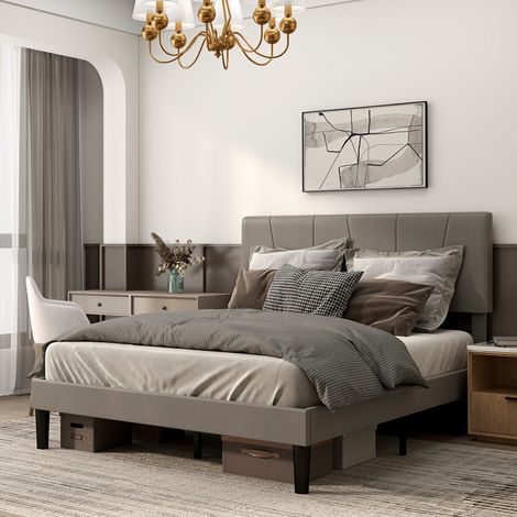 Double Bed Frame, with Velvet-Feel Headboard - Grey (1/4)