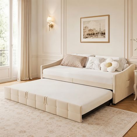 Lit gigogne 90x200 cm, Canapé-lit extensible 2 en 1 avec Sommier à Lattes et Poches Latérales pour Salon Chambre d'Amis, Velours, Beige (1/5)