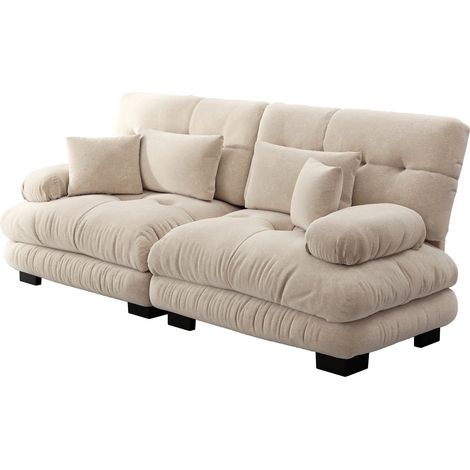 Sofá esquinero modular de chenilla color beige claro con 2 cojines lumbares y 2 decorativos (1/5)