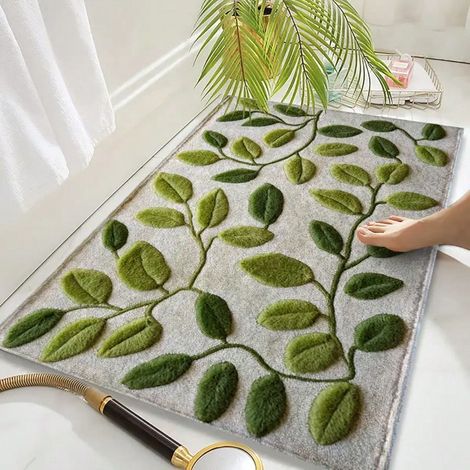 Tapis de bain en microfibre motif feuille verte 1 pièce, tapis de salle de bain antidérapant et ultra doux, paillasson absorbant pour salle de bain, chambre à coucher, cuisine, entrée, 5080cm (1/5)