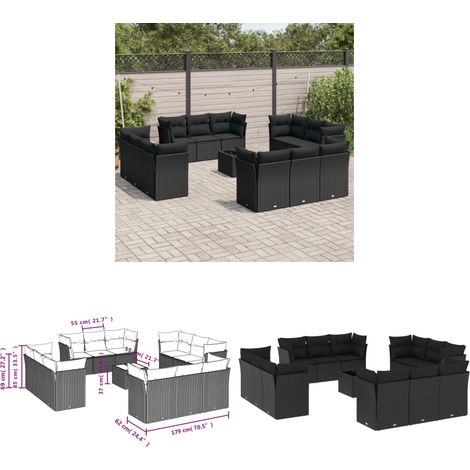 13-tlg. Garten-Sofagarnitur mit Kissen Schwarz Poly Rattan - Gartenmöbel Set - PE-Rattan Möbel - Outdoor Sofa - Esstisch - Lounge Set - Home & Living (1/3)