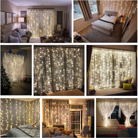Guirlande Lumineuse Rideau - 300 LED - Blanc Chaud - 8 Modes - Intérieur Extérieur - Décoration Mur Jardin Chambre Fête Mariage - 2 Pièces (1/5)