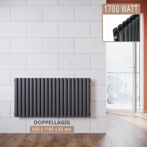 SONNI Radiatore Termosifoni ad Acqua Calda in Acciaio Radiatore a Pannello Bilayer Design Bagno Soggiorno Radiatore Orizzontale Antracite 600x1180mm 1700W
