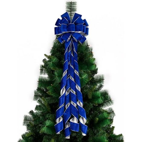 Grand Noeud de Sapin de Noël, Burlap Blanc Velours, Flocon de Neige Bleu pour Décorations de Fête Hivernale, Ornement d'Arbre Intérieur Extérieur, Fournitures de Noël (1/3)