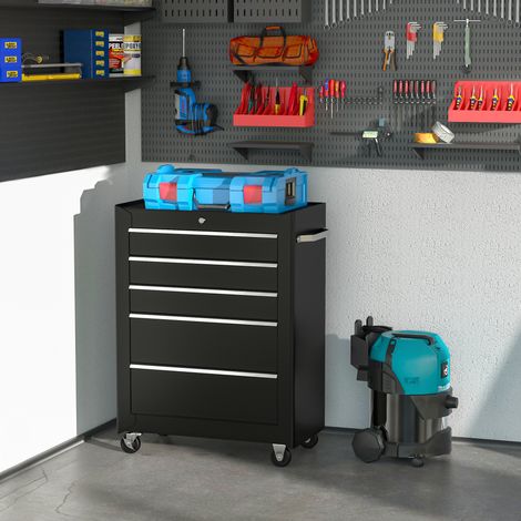 Armoire à outils, boîte à outils, 5 tiroirs, sur roulettes, acier, noire