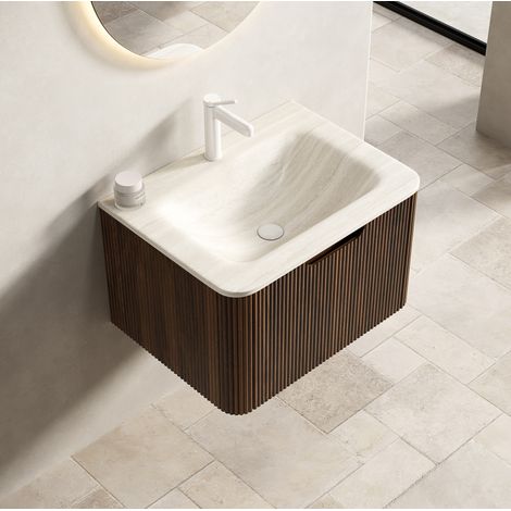 60 cm Wand-Badmöbel mit Waschtisch, Travertin-Effekt, Beige und Nussbaum (1/5)