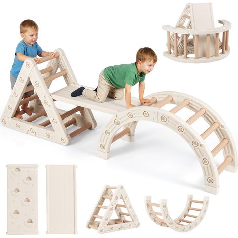 COSTWAY 5 en 1 Triangle d'escalade Enfant en HDPE avec Rampe Double Face, Arche d'escalade Montessori avec Bascule, Patins Antidérapants, Aire de Jeux Intérieur pour 3-6 Ans (1/5)