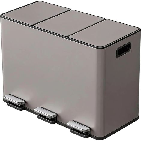 Poubelle de recyclage de cuisine, triple compartiments, pédale à fermeture douce, GRIS CLAIR (1/2)