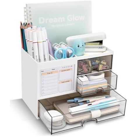 Organiseur de bureau avec 3 tiroirs et 8 compartiments (blanc) . (1/5)